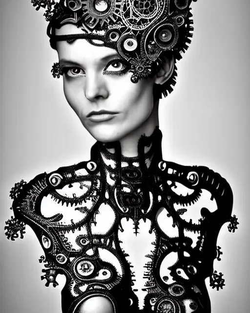 Image similar to surreal black and white photo portrait of complex bio-mechanical beautiful young female vegetal-cyborg with a Mandelbrot fractal steampunk metal fine lace face, curled silver hair and a fine metal floral foliage super big lace collar by Alexander McQueen:: high fashion, haute couture, rococo, steampunk, silver filigree details, anatomical, facial muscles, cable wires, microchip, elegant, hyper realistic, 150 mm lens, soft rim light, octane render, unreal engine, picture was taken in 1910, volumetric lighting, 8k,