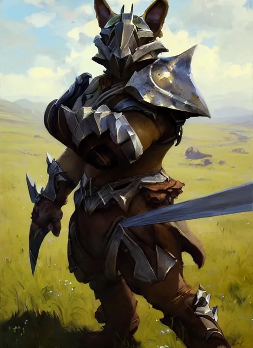 Image similar to Greg Manchess painting of a Corgi Charr from Guild Wars 2 wearing Forerunner Armor from Halo, countryside, calm, fantasy character portrait, dynamic pose, above view, sunny day, artwork by Jeremy Lipkin and Giuseppe Dangelico Pino and Michael Garmash and Rob Rey, very coherent asymmetrical artwork, sharp edges, perfect face, simple form, 100mm