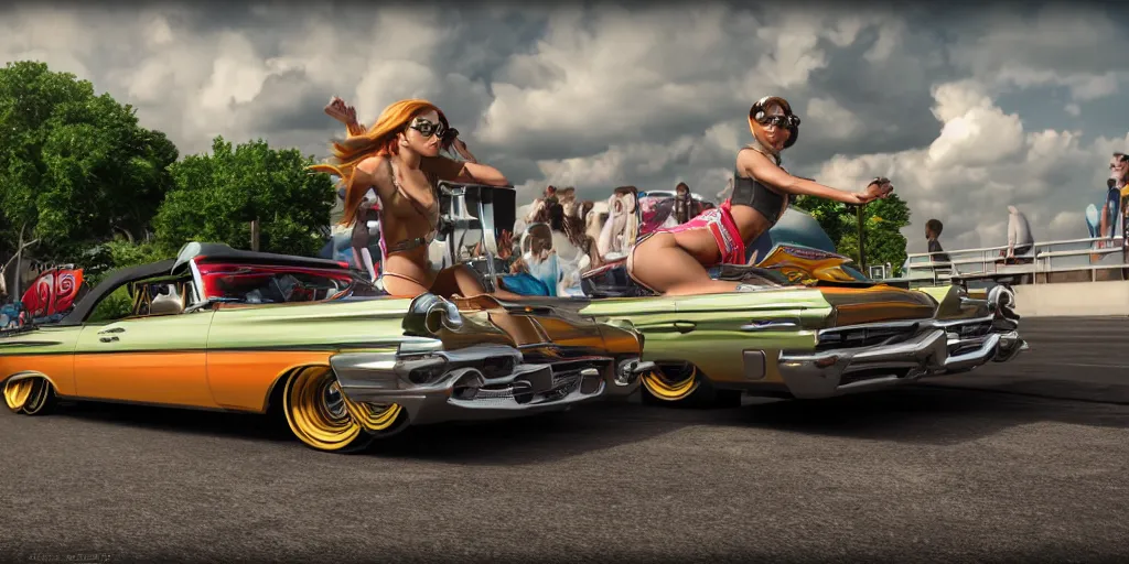 Image similar to highly detailed photo of an award winning lowrider, cruising at a car show, car bounce, air suspension, fan girls, 8 k, octane render, unreal engine, ue 5, photoshop, maya, ray tracing