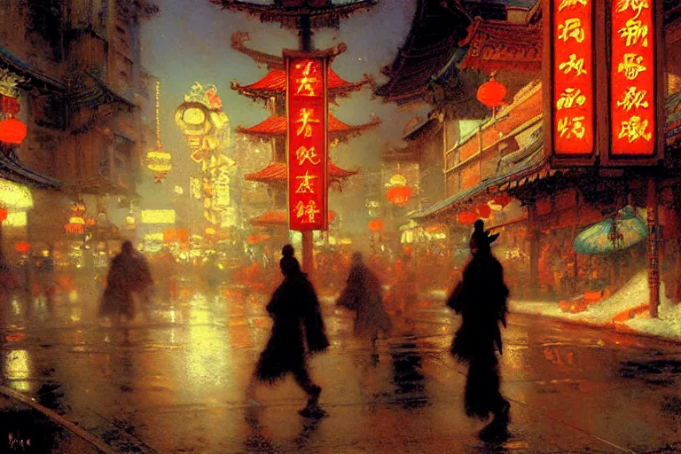Image similar to wuxia, winter, attractive male, neon light, chinatown, painting by gaston bussiere, craig mullins, j. c. leyendecker