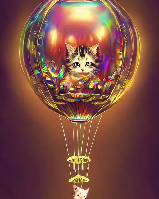 Image similar to cute kitten inside an ornate flying balloon of iridescent liquid, alchemy, shiny plastic, intricate, bloom, detailed, volumetric lighting, sharp focus, photorealism, digital painting, highly detailed, concept art, by by artgerm and wlop