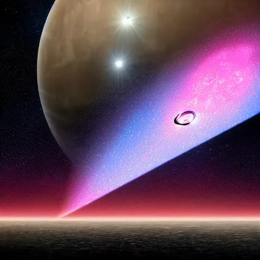 Prompt: giant justice scale floating in space with pink-light blueish galaxy behind it, 4k detailed, digital art