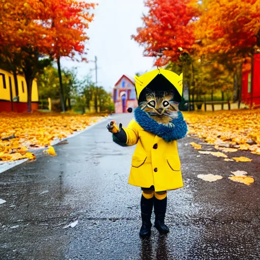 Prompt: anthropomorphic cute kitten wearing a yellow raincoat and yellow boots at the school bus on the first day of kindergarten, with colorful fall leaves and light rain, critical moment photograph