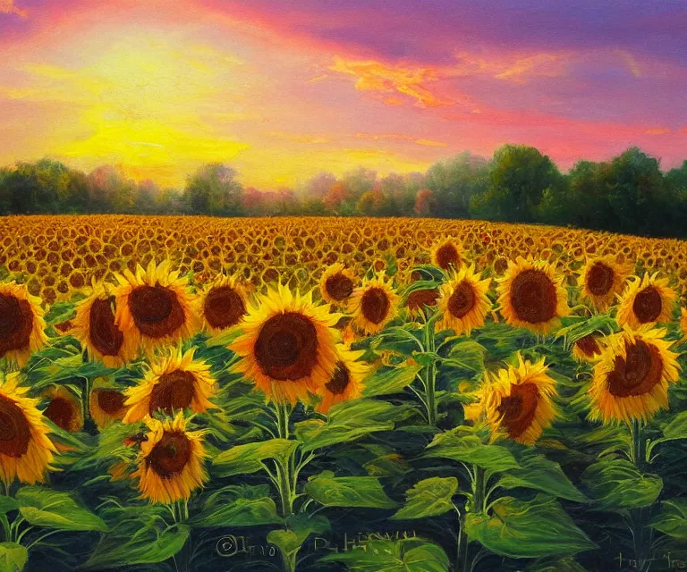 Image similar to sunflowers, william henrits, hovik zohraybyan, oil painting, bright colors, pink skies, sunrise, peaceful, serene, joy