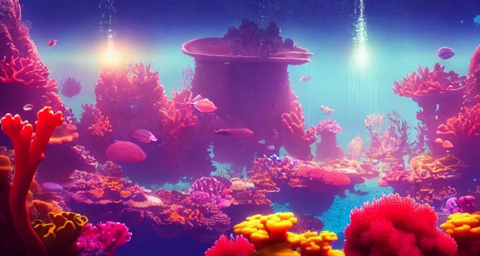 Image similar to a beautiful cinematic view of an underwater enchanting multicolored coral shrine surrounded by an exotic tropical reef, underneath a star filled night sky, warm coloured, gigantic pillars and flowers, maschinen krieger, beeple, film, atmospheric perspective, abzu, oil on canvas