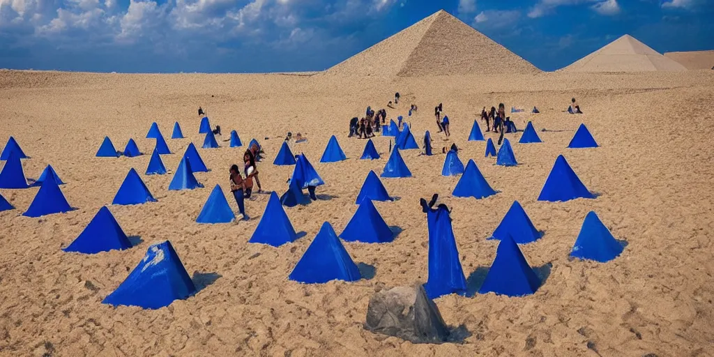 Prompt: people with blue bodies, raising pyramid out of the sands, wide angle, cinematic atmosphere, elaborate, highly detailed, dramatic lighting