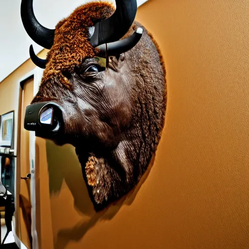 Image similar to hunting trophy in the form of a bison, head dressed in oculus vr, nailed to the wall,