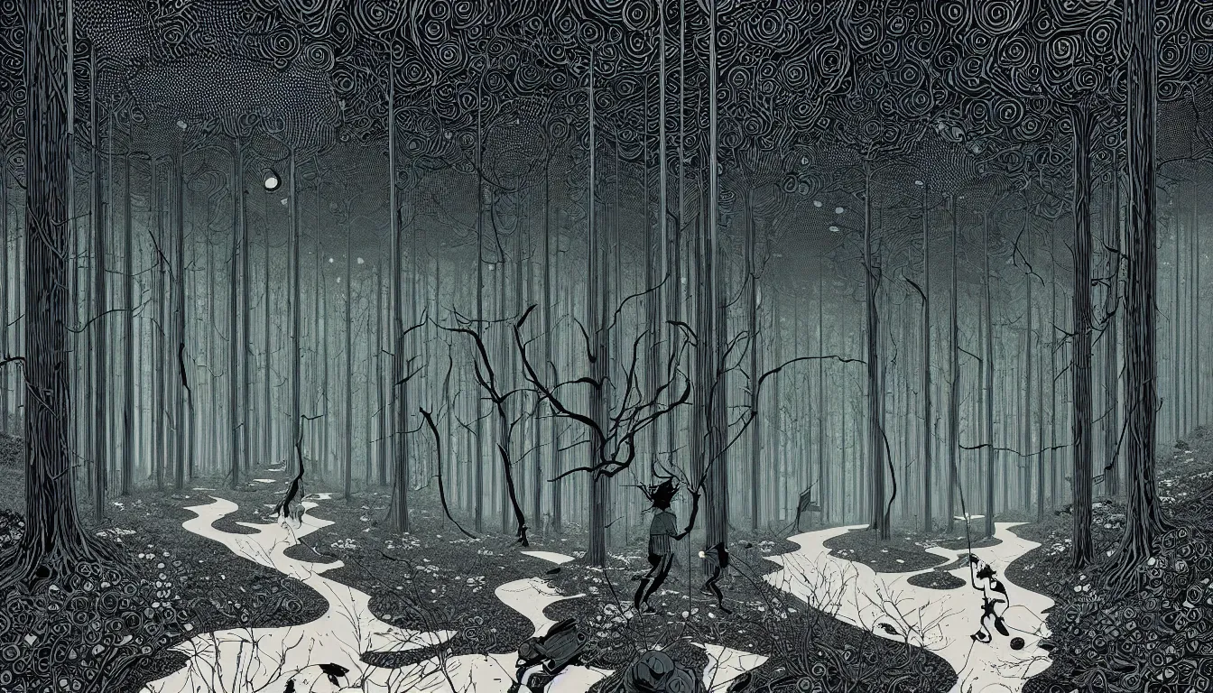 Image similar to forest path by balmy enso, jamie hewlett, nicolas delort, moebius, victo ngai, josan gonzalez, kilian eng