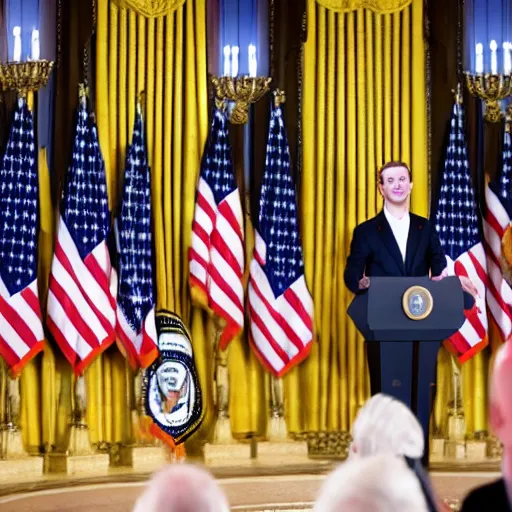 Image similar to mark zuckerberg as the president of the united states wearing a suit standing at the presidential podium