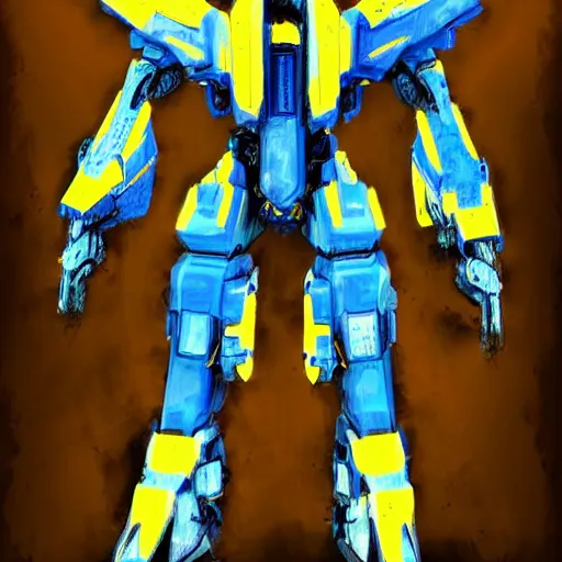 Prompt: Blue and yellow mech, in the style of Aleksi Briclot