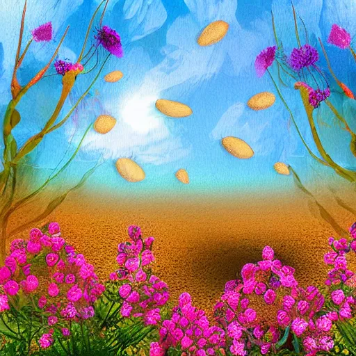 Image similar to a desert full of fragrant flowers, award winning digital art