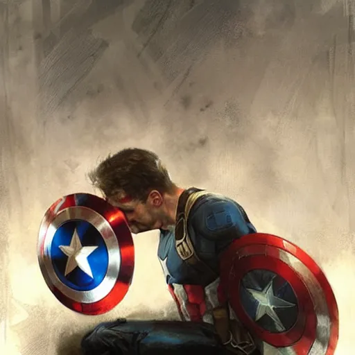 Image similar to captain america crying art, tears and sadness, by greg rutkowski