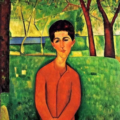 Prompt: A young boy wearing an Oculus VR headset on his face, standing in the middle of a lush garden, beautiful masterpiece oil on canvas by Amedeo Modigliani, long shot