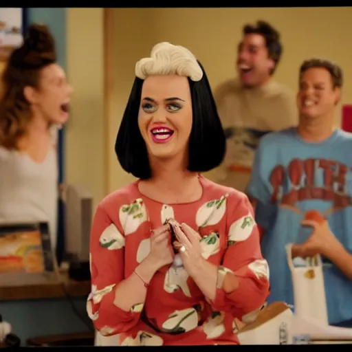 Prompt: katy perry laughs at your latest sitcom pitch. 3 5 mm
