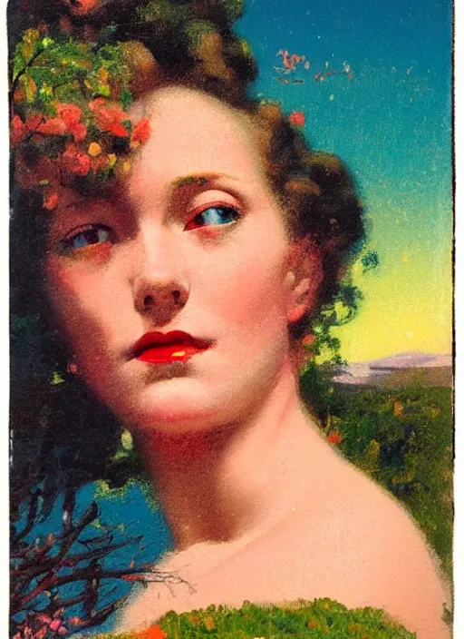 Prompt: an extreme close - up portrait of a lady in a scenic representation of mother nature and the meaning of life by billy childish, thick visible brush strokes, figure painting by delphin enjolras and by beal gifford, vintage postcard illustration, minimalist cover art by mitchell hooks