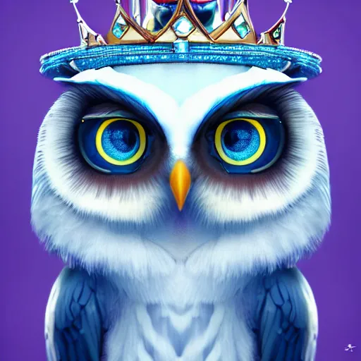 Prompt: cute owl, charactor, big blue eyes, with a diamond crown on his head, magical, warrior, hyper detailed, stylistic, symmetrical, 3 d render, photorealitic, 8 k, octane render