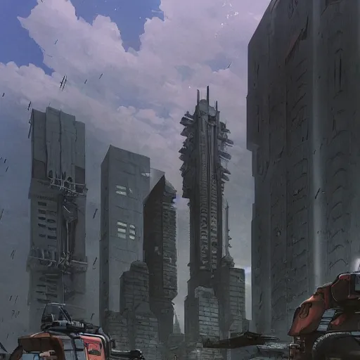 Image similar to “The plaza around the base of the megabuilding was being patrolled by Battletech. The tower was made of solid black metal and stone. POV looking up at tower. Anime background artwork in the style of Akira. 2077 photo mode by Marc Simonetti, artwork by Ted Nasmith, Ted Nasmith and Marc Simonetti, 8K, D&D concept art, 2077 wallpaper”