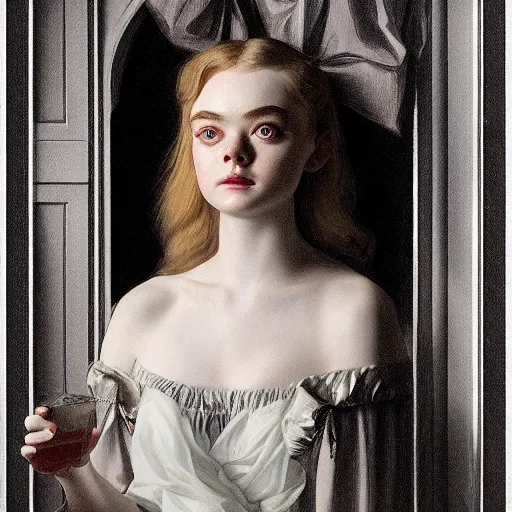 Image similar to Elle Fanning in a dark room, artstation, by J. C. Leyendecker and Peter Paul Rubens, Extremely detailed. 4K. Award winning.