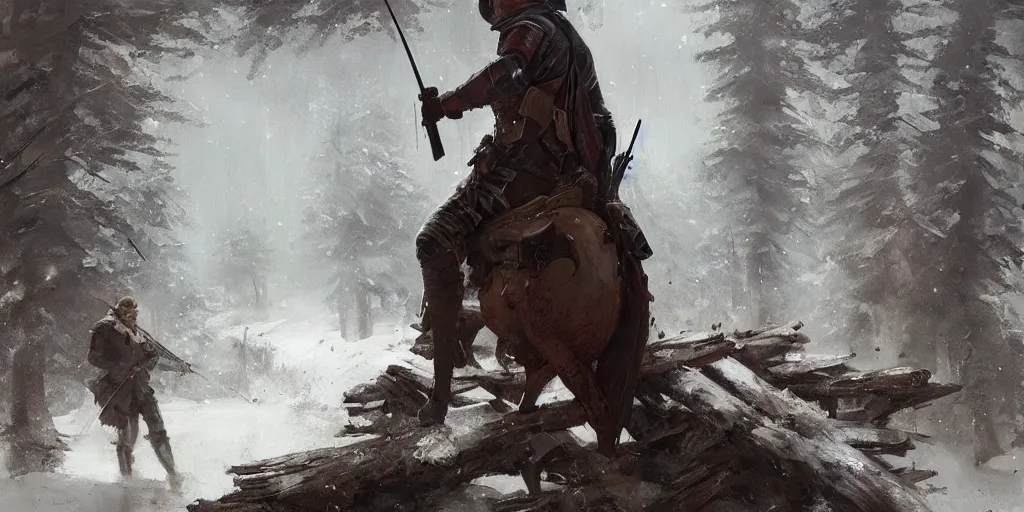 Prompt: a painting of a medieval hunter aiming at a man with his rifle inside a log cabin by greg rutkowski, dark fantasy art, high detail, trending on artstation