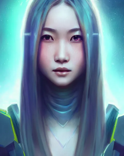 Image similar to detailed portrait Ming Zhao, solarpunk, futuristic utopia, scifi, android, starry long hair, by Darren Bartley, Wojtek Fus, Frederic Bennett, innocent smile, Perfect face, fine details, realistic shaded, fine-face, pretty face