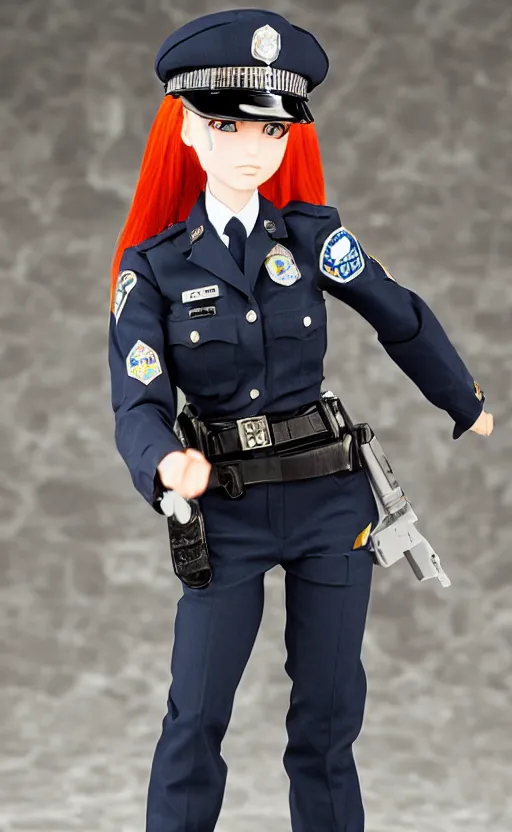 Image similar to dollfie in police uniform, red hair, blue eyes,