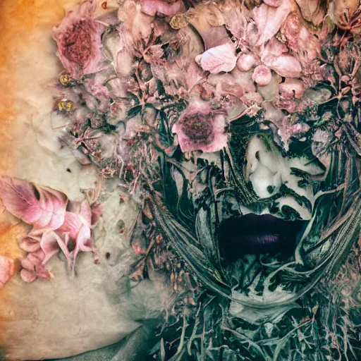 Image similar to a beautiful detailed front view portrait of a rotten woman corpse with fractal plants and fractal flowers growing around, volumetric light, beautiful lit, polaroid photography