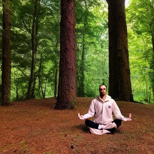 Image similar to meditator in the woods with tall trees, in style of Tomas Sanchez