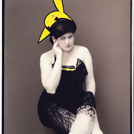 Image similar to elegant woman dressed up as pikachu, wearing black lacy stockings, art photo by Annie Liebovitz and Alphonse Mucha