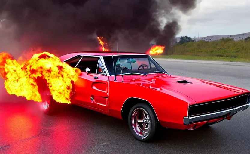 Image similar to a red 1 9 6 8 dodge charger r / tdriving high speed, fire explosion in the background, action scen. realistic. high resolution. dramatic