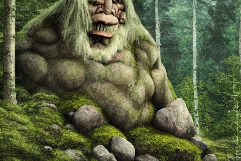 Image similar to huge mountain troll in a swedish forest, very low angle photograph, very detailed, trending on artstation, realistic, soft colors, illustration by john bauer