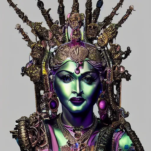 Image similar to a full body madonna statue made of iridiscent metal inspired by the looks of vishnu, very detailed, unreal engine 5, made for an art gallery