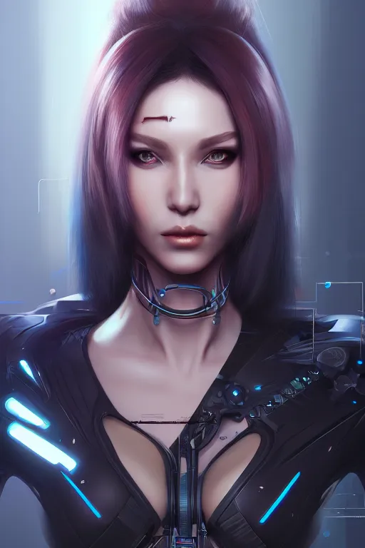 Prompt: portrait of a cyberpunk woman with biomechanichal parts by Artgerm, hyper detailled, trending on artstation