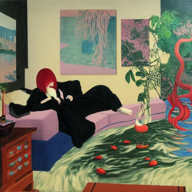 Image similar to female emo art student in her lounge room, painting of flood waters inside an artist's loungeroom, a river flooding indoors, pomegranates, pigs, ikebana, water, octopus, river, rapids, waterfall, black swans, canoe, berries, acrylic on canvas, surrealist, by magritte and monet