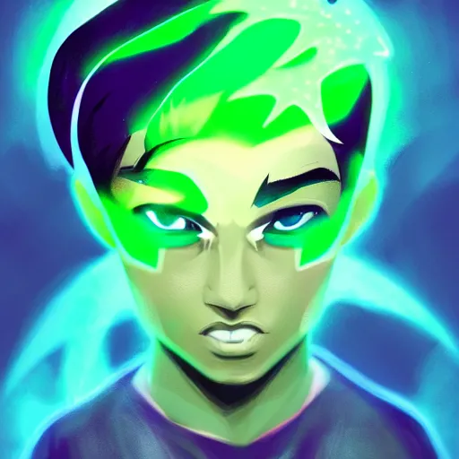Prompt: a digital matte intricate face illustration concept art, young danny phantom with glowing green eyes cute alt art fashion inspired by charlie bowater and wlop and mark arian and ross tran + neon colors, symmetry, intricate complexity, epic composition, magical atmosphere, highly detailed, cinematic lighting + masterpiece, trending on artstation + 8 k