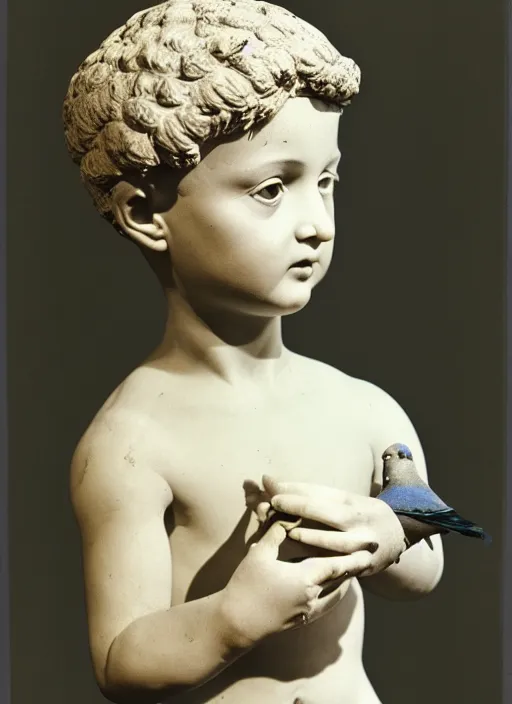 Prompt: realistic photo of a a boy with a pigeons, ancient greek sculpture realistic doll made of white detailed clay and black wooden brushwood, 1 9 6 0, life magazine photo, natural colors, metropolitan museum, kodak