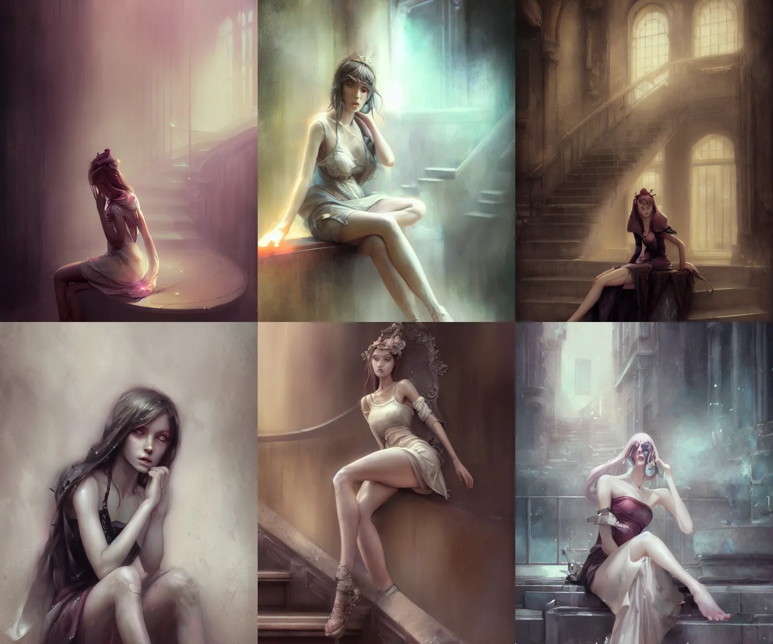 Prompt: beautiful girl by bastien lecouffe deharme and wlop, portrait digital painting of a beautiful girl wearing high fashion clothing, sitting on a grand staircase, unreal engine, hyper realism, realistic shading, cinematic composition, blender render, octane render, hdr, detailed textures, photorealistic, ultrawide shot, 3 5 mm film, art by ghibli