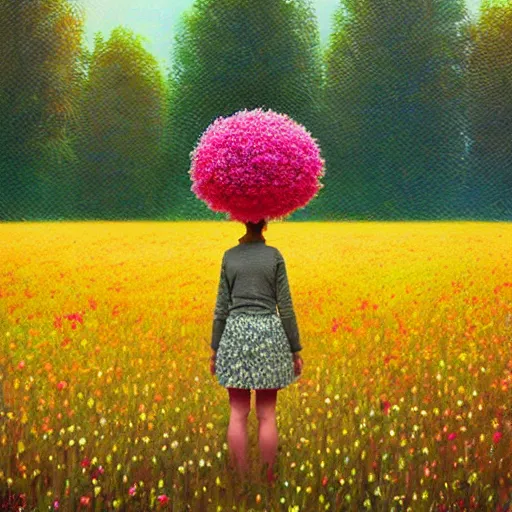 Prompt: giant flower head, girl standing in flower field, surreal photography, big trees, sunrise dramatic light, impressionist painting, colorful clouds, digital painting, pointillism, artstation, simon stalenhag