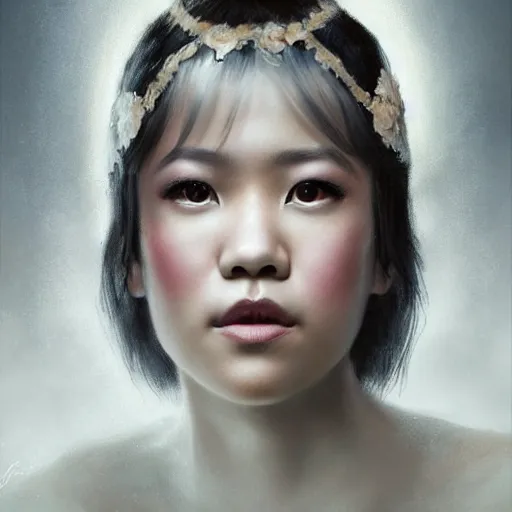 Image similar to like dust, magic gathers in overlooked places, photorealistic portrait of yuja wang in style of tom bagshaw and greg rutkowski. absolutely stunning!, sitting on the palace stairs, symmetrical perfect face, porcelain skin, ultra - detailed, digital art, 8 k