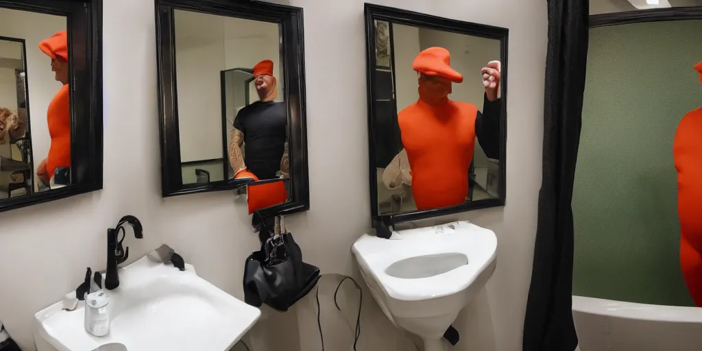 Image similar to ultra wide angle photo of donald trump dressed in a green flannel shirt and black dress pants as clark kent looking at himself in a bathroom mirror and seeing his reflection dressed as an orange skinned oompa loompa