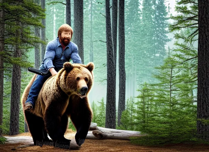 Image similar to photo of chuck norris riding his grizzly bear, in the forest. fantasy magic style. highly detailed 8 k. intricate. nikon d 8 5 0 5 5 mm. award winning photography.