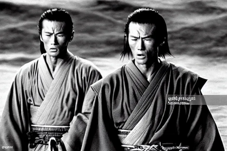 Image similar to young clint eastwood as a ronin samurai brothers, in robes, in the movie seven samurai ( 1 9 5 4 ). grainy movie still, high detail, sharp focus