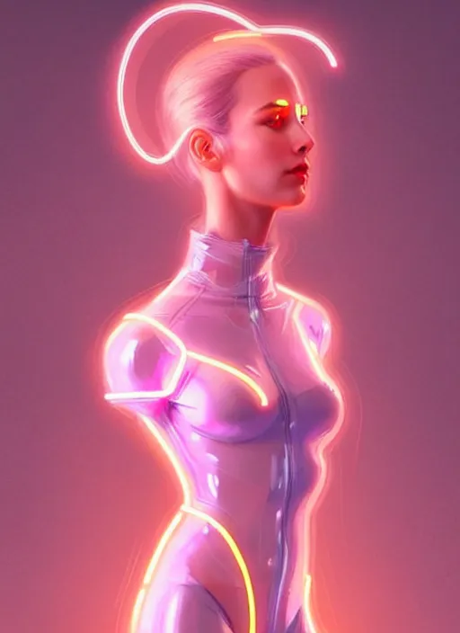 Image similar to portrait of european female humanoid, transparent clothing, elegant, cyber neon lights, highly detailed, digital illustration, trending in artstation, trending in pinterest, glamor pose, concept art, smooth, sharp focus, art by artgerm and greg rutkowski