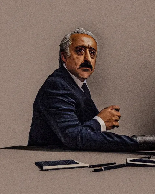 Prompt: a round bottle on a desk, paper. hyper realistic and anamorphic 2 0 1 0 s movie still of giovanni falcone, by paolo sorrentino, leica sl 2 3 0 mm, beautiful color, high quality, high textured, lens flare, refined face