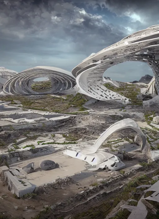 Prompt: bioremediation white mining tailing futuristic architecture in chuquicamata, epic, cinematic, hyperealistic, high detailed, corona render, hdr, ray tracing