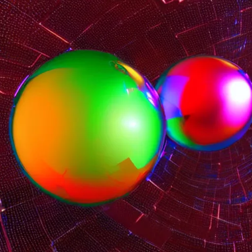 Prompt: chrome spheres on a red cube, holography