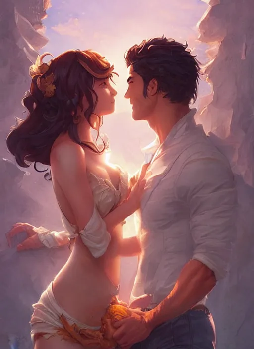 Prompt: cheesy romance novel cover by artgerm and greg rutkowski and magali villanueve