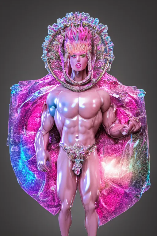 Image similar to hyper detailed ultra sharp fullbody photo of baroque and cyberpunk transparent pink ceramic sculpture of a muscular seductive muscular italian guido feeling muy cachondo, muy dotado, iridescent humanoid deity wearing pink plastic seethrough cloak, holding a rainbow tiger gem, blue diamond, glowing pink face, crown of white diamonds, cinematic lighting, photorealistic, octane render 8 k
