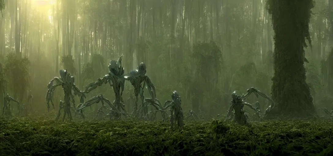 Image similar to a complex organic fractal 3 d metallic symbiotic ceramic humanoid megastructure creature in a swampy lush forest, foggy, sun rays, cinematic shot, photo still from movie by denis villeneuve, wayne barlowe