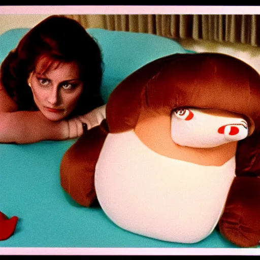 Prompt: still from a 1980 arthouse film about a depressed housewife dressed as a squishy inflatable toy who meets a handsome younger man in a seedy motel room, color film, 16mm soft light, art on the wall