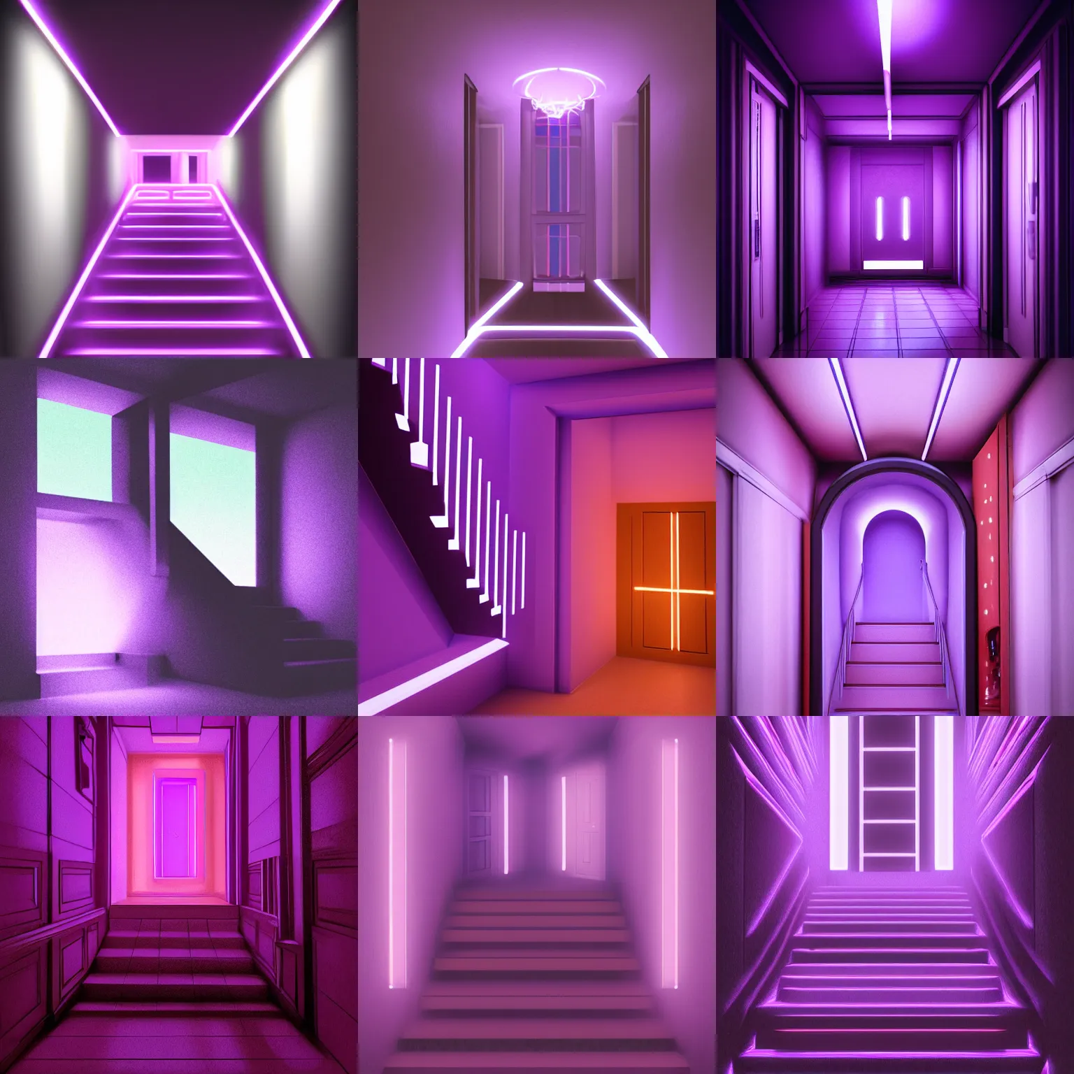 Prompt: interior of a stairroom, purple neon light, concept art.